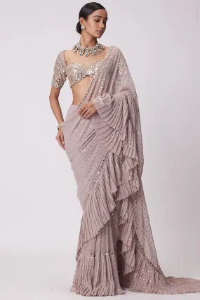 Ash Pink Georgette Frill Saree Set