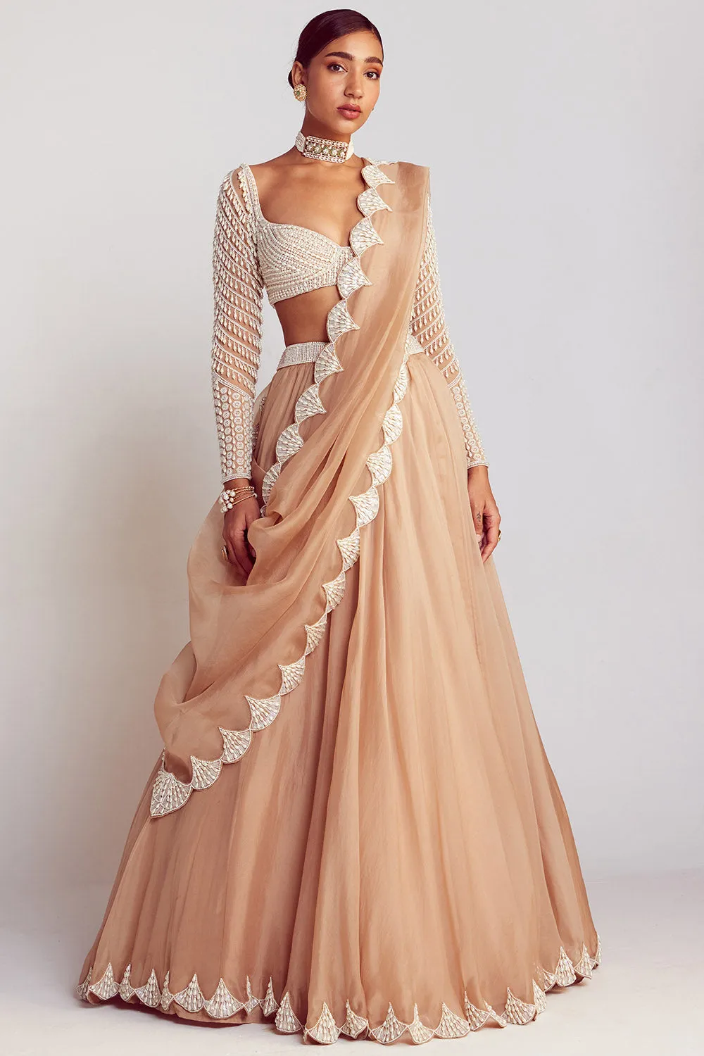 Beige Pearl Embellished Lehenga