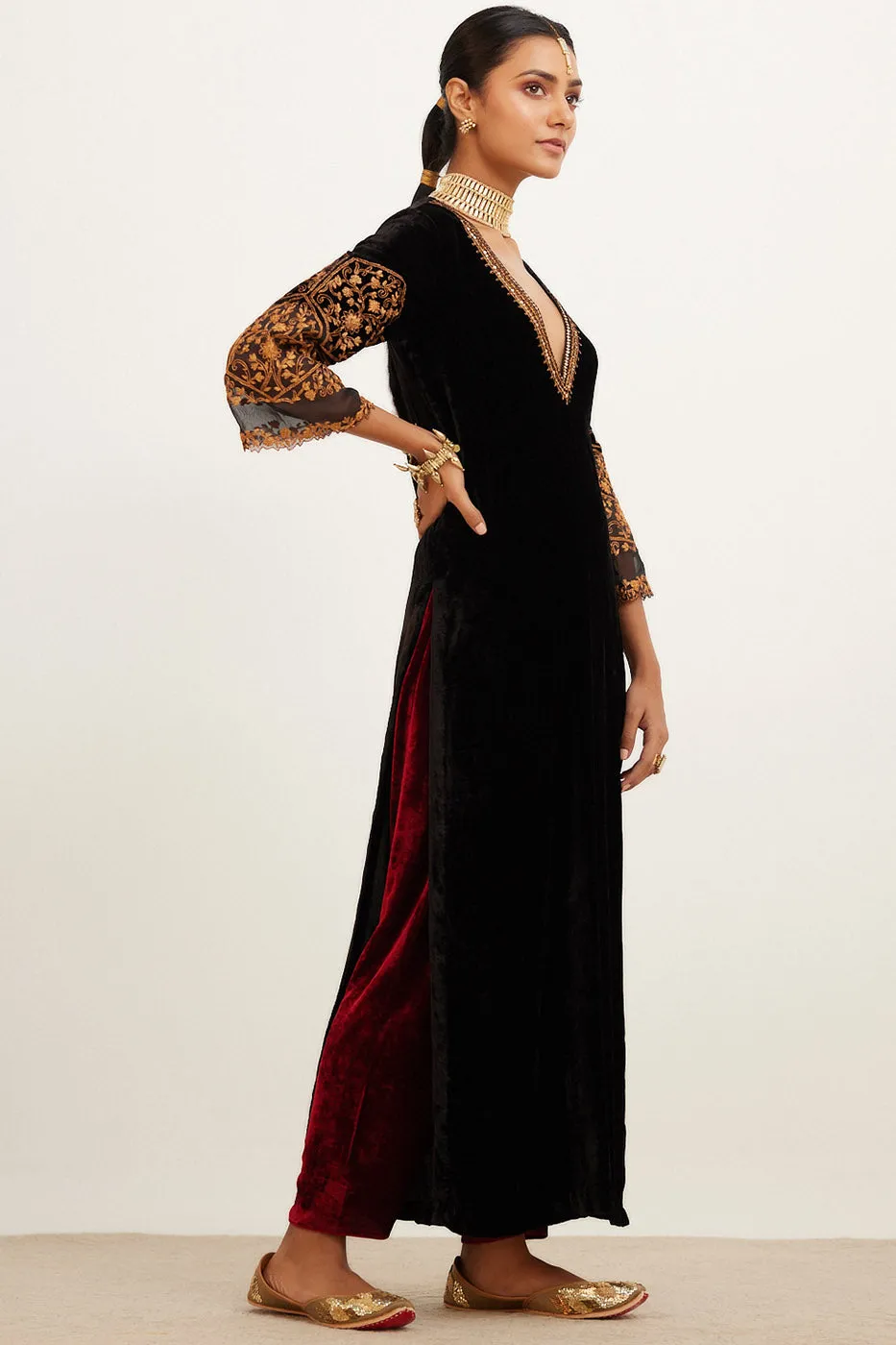 Black and Maroon Zari Embroidered Velvet Kurta Set