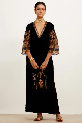 Black and Maroon Zari Embroidered Velvet Kurta Set