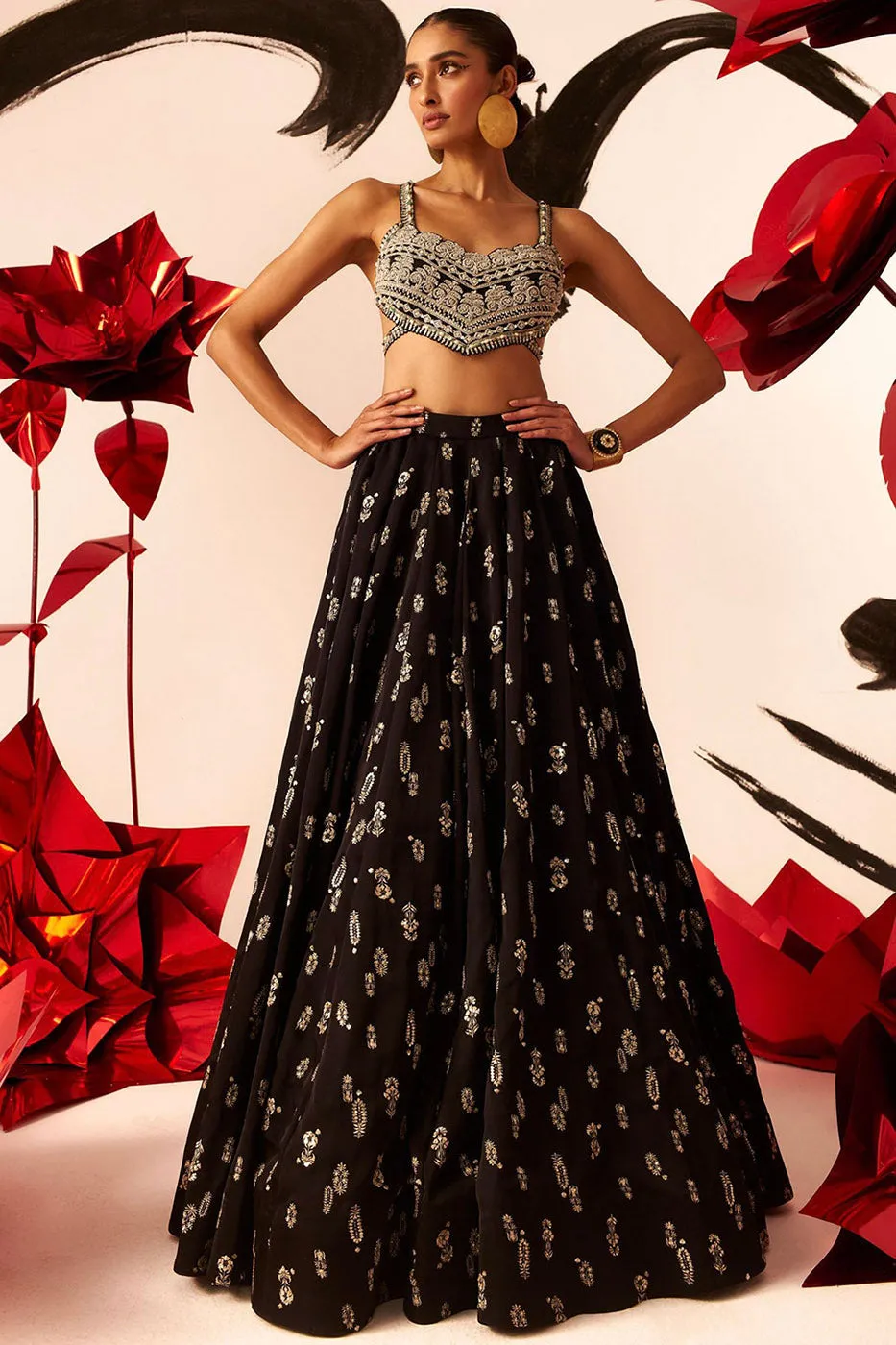 Black Floret Lehenga Set