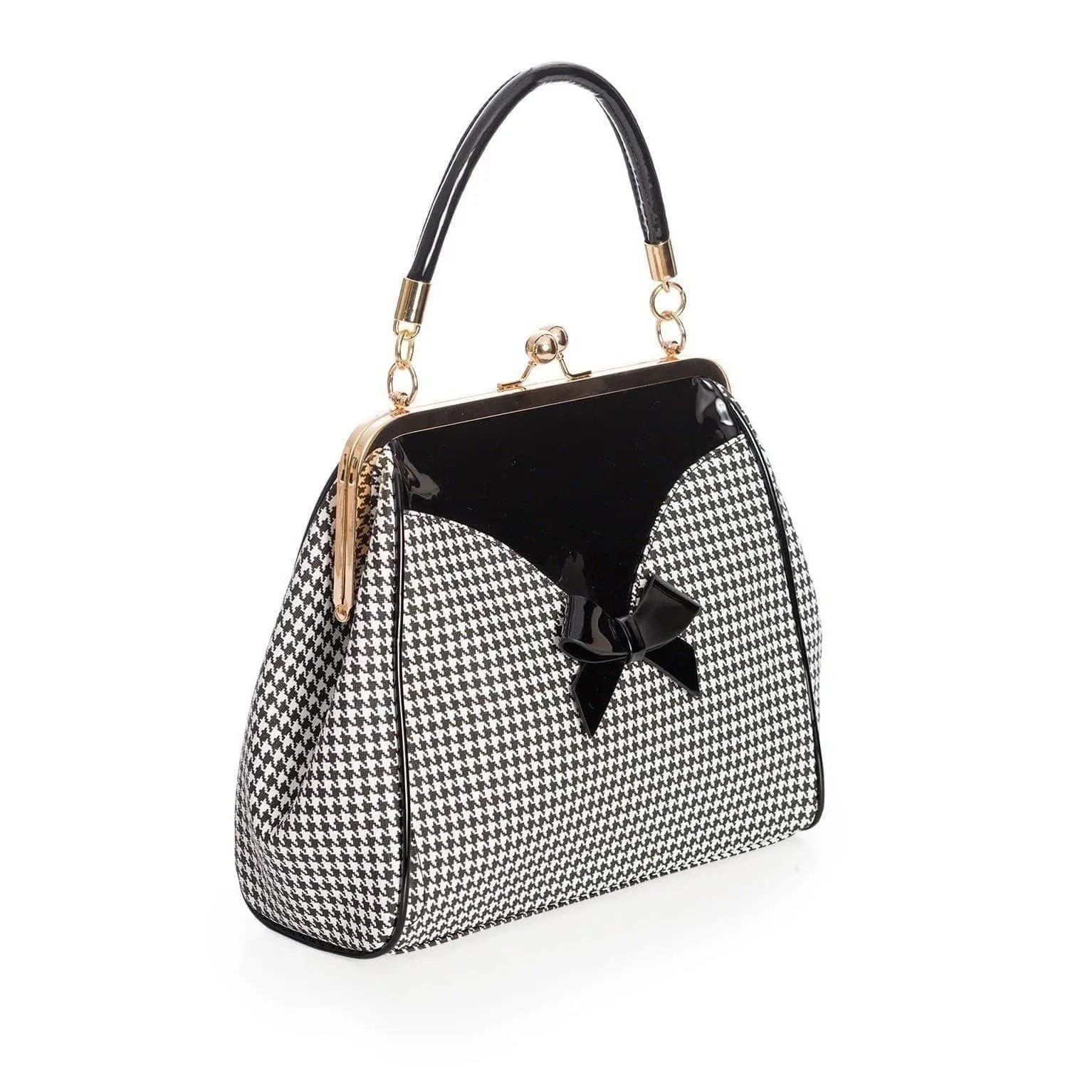 Black Vintage Houndstooth Check Retro Patent Handbag