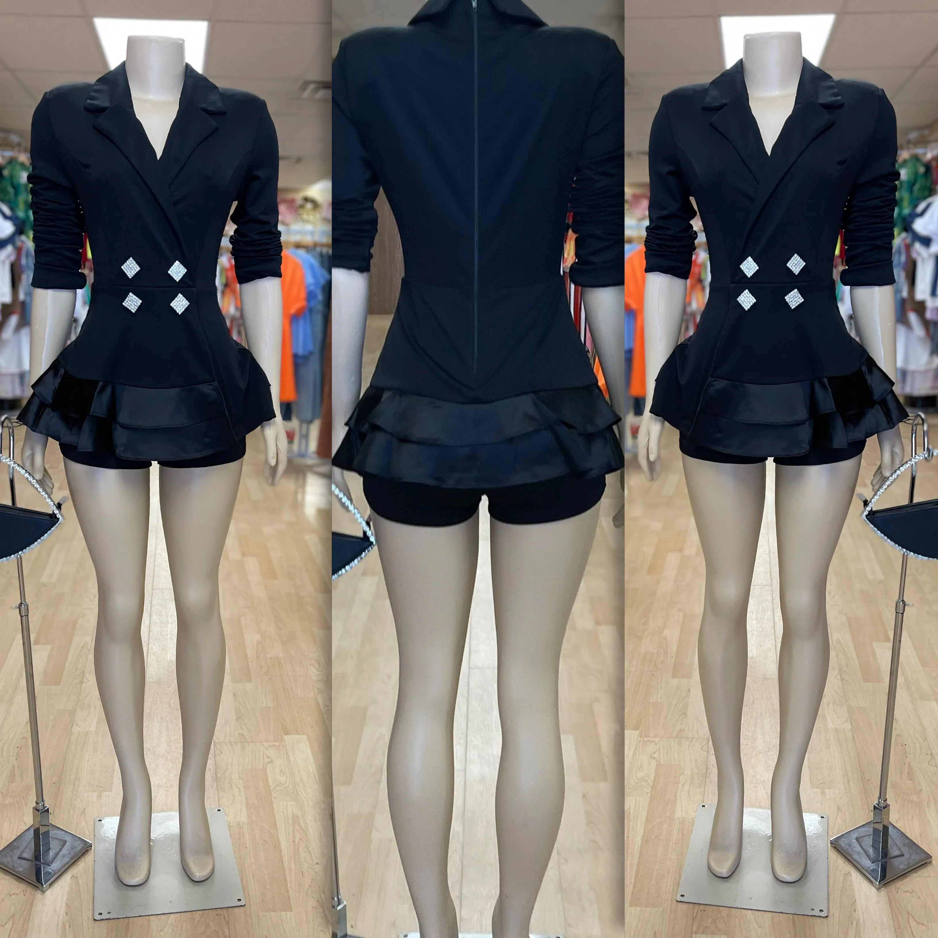 Bling Buttons Tuxedo Short Romper ( Black)