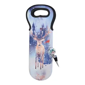 Christmas Deer Wildlife Wine Bag and Wine Stopper Set