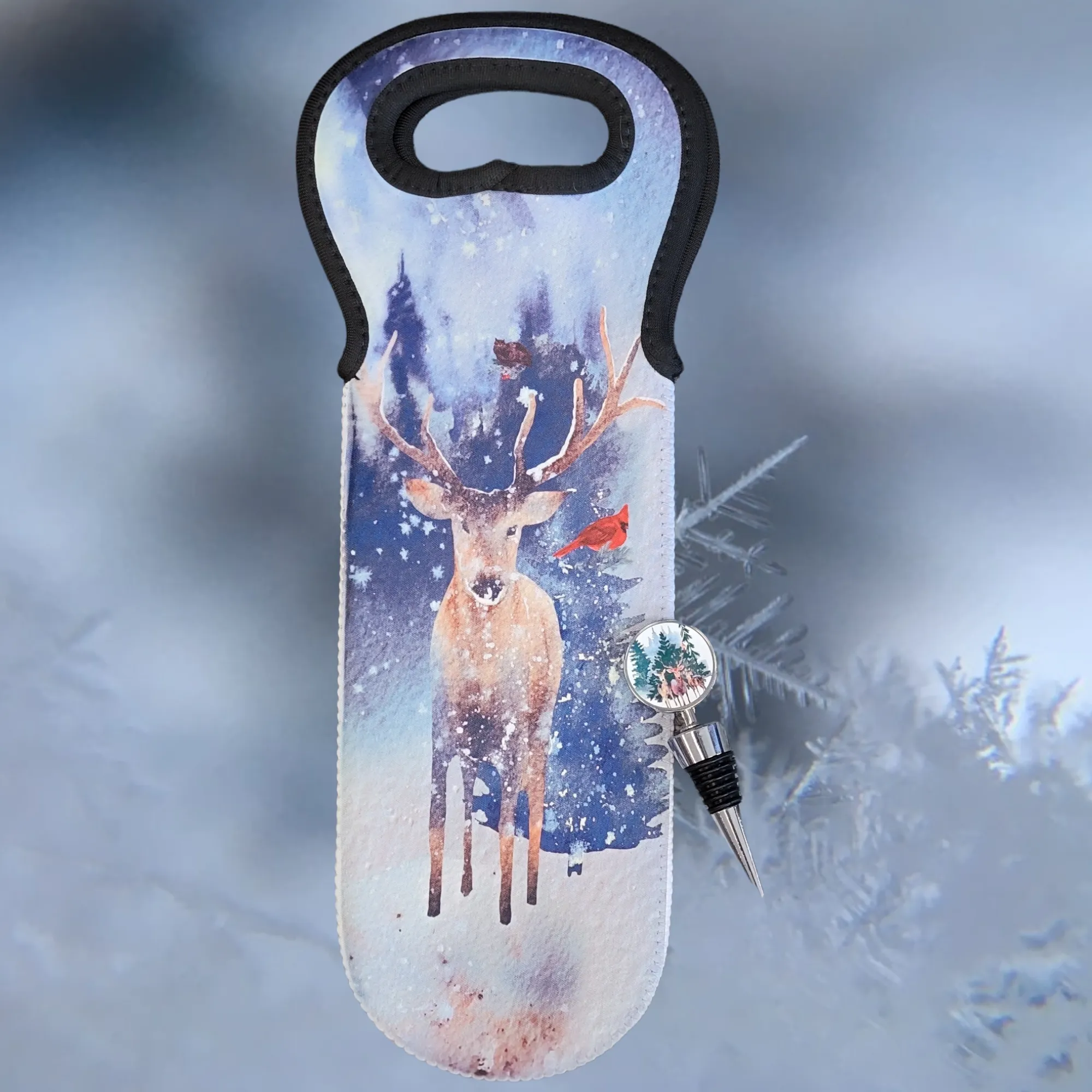 Christmas Deer Wildlife Wine Bag and Wine Stopper Set