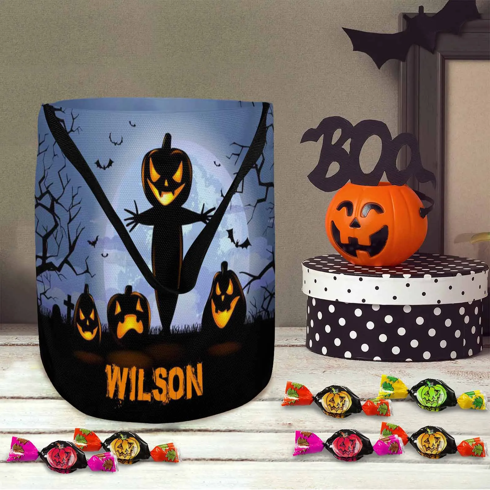 Custom Name Pumpkin Scarecrow Halloween Trick or Treat Colorful Tote Bags (8.26 x 7.87)