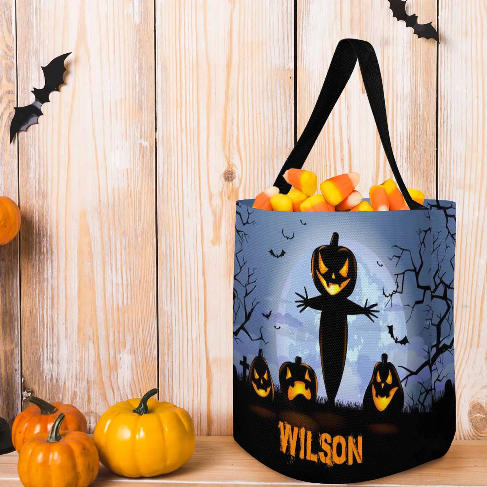 Custom Name Pumpkin Scarecrow Halloween Trick or Treat Colorful Tote Bags (8.26 x 7.87)