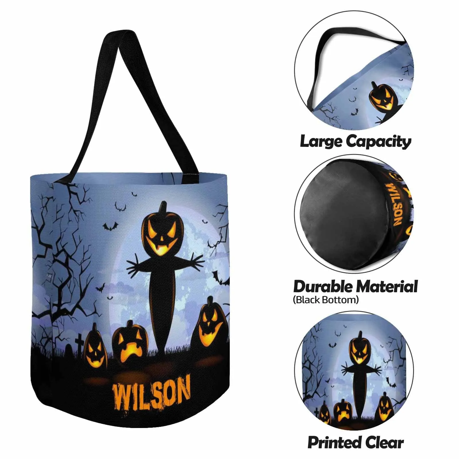 Custom Name Pumpkin Scarecrow Halloween Trick or Treat Colorful Tote Bags (8.26 x 7.87)