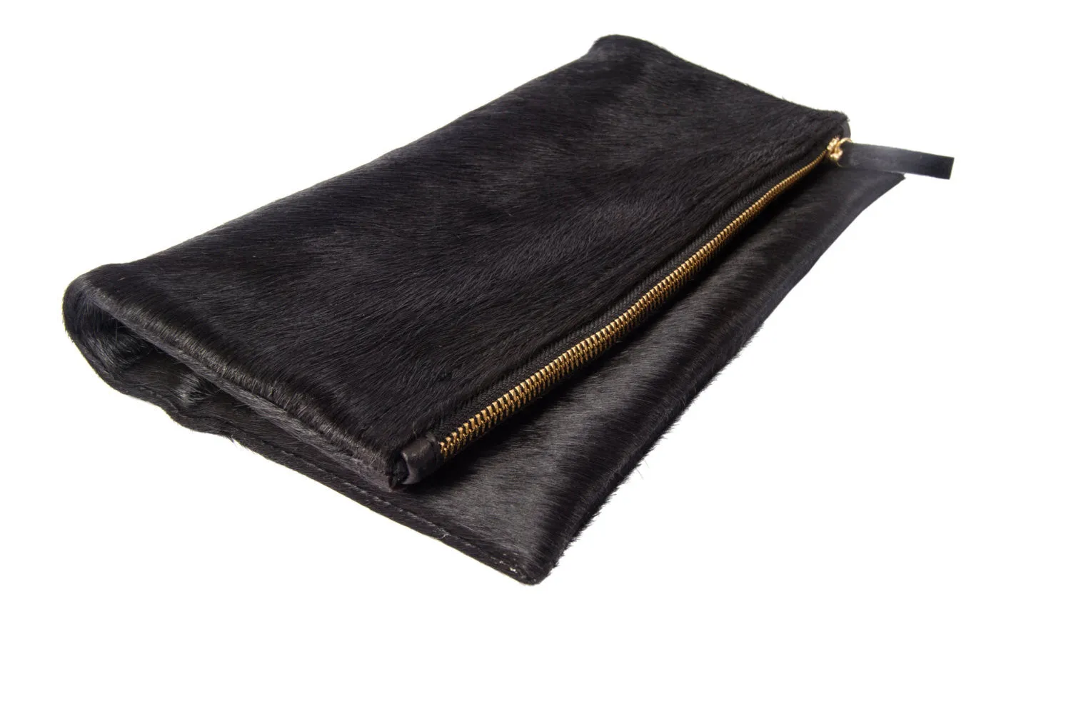 Foldover Clutch-Genuine Calf Hair Leather-Black