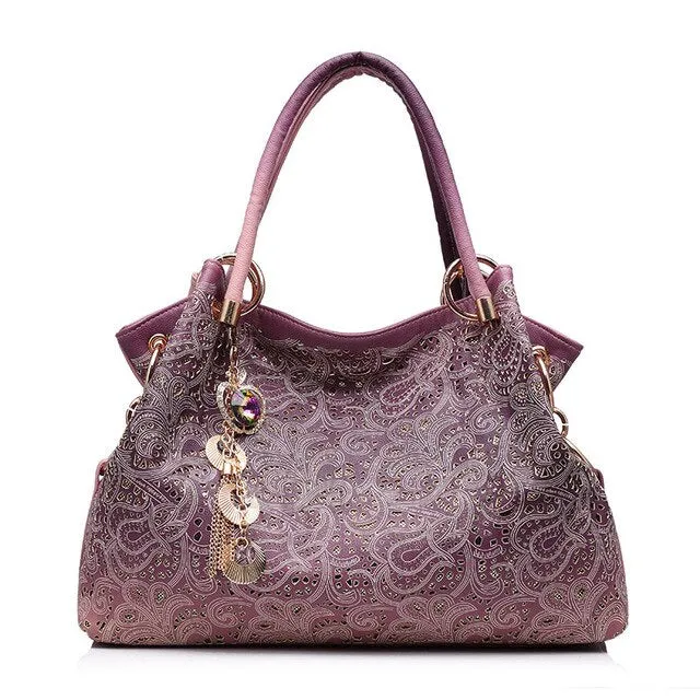 Hollow-Out Floral Print Fashion PU Leather Tote Bag, Shoulder Bag and Handbag