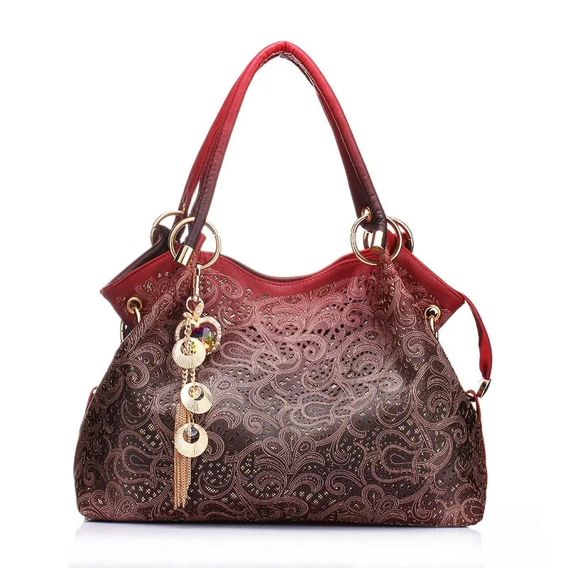 Hollow-Out Floral Print Fashion PU Leather Tote Bag, Shoulder Bag and Handbag