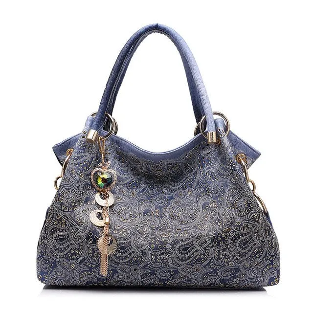 Hollow-Out Floral Print Fashion PU Leather Tote Bag, Shoulder Bag and Handbag