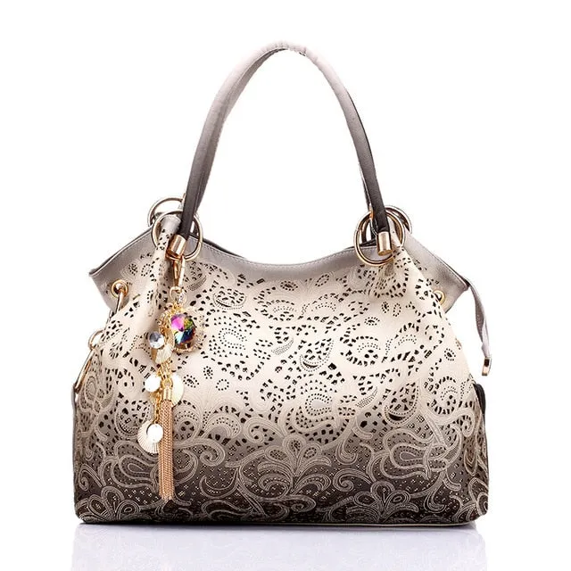 Hollow-Out Floral Print Fashion PU Leather Tote Bag, Shoulder Bag and Handbag