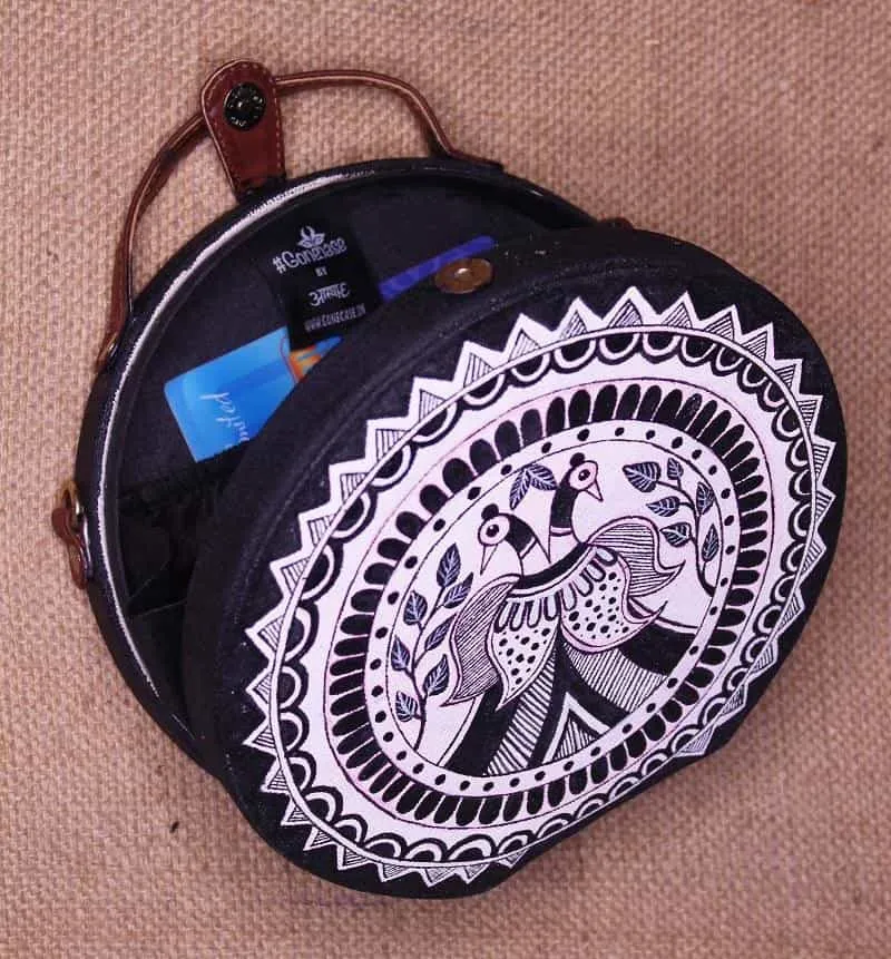 Madhubani Peacock Hand-painted Crossbody Sling Bag for women