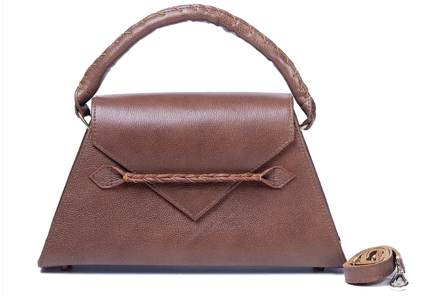 MARTE EGELE BROWN MIDI ESE Handwoven Top Handle and Front Closure Strip with Inside Open Pocket,  Handbag