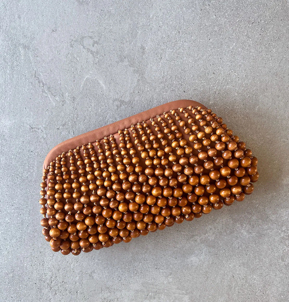 NIA Beaded Wood Clutch, Chestnut