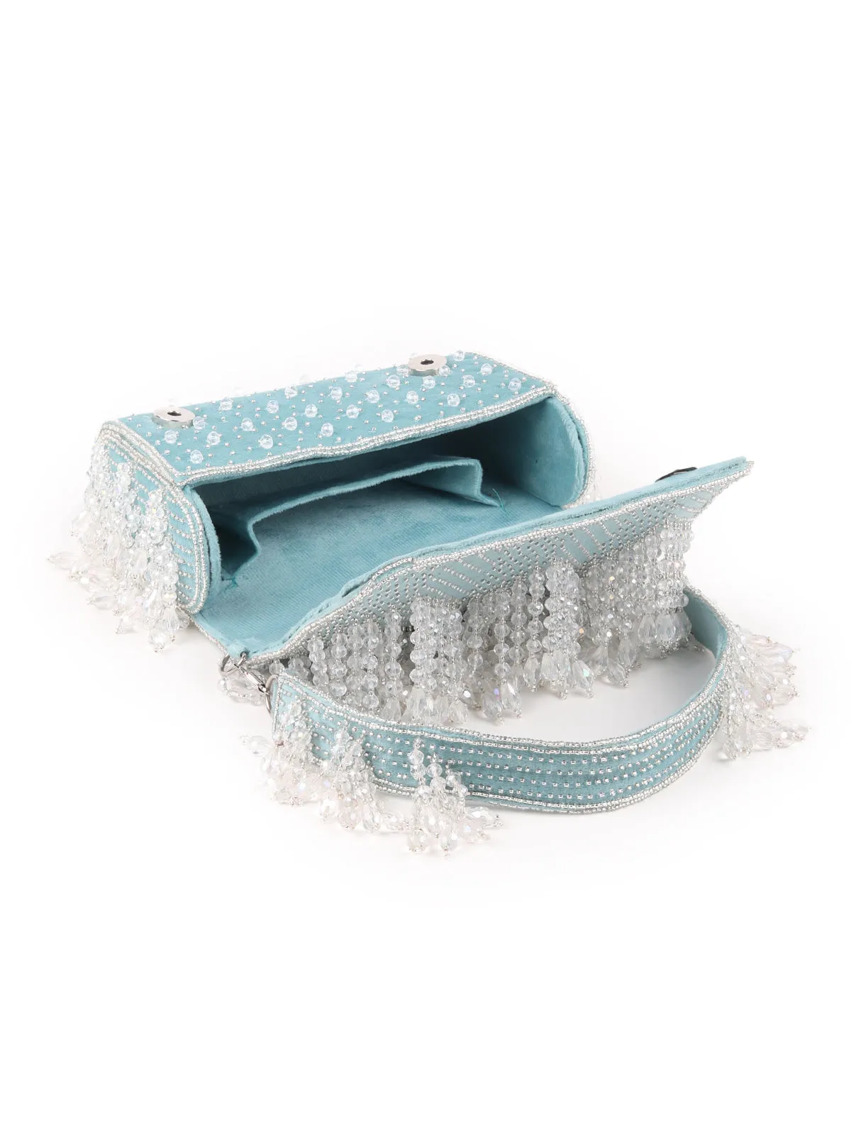 Odette Sea Green Tassels Embellished Clutch Bag For Women