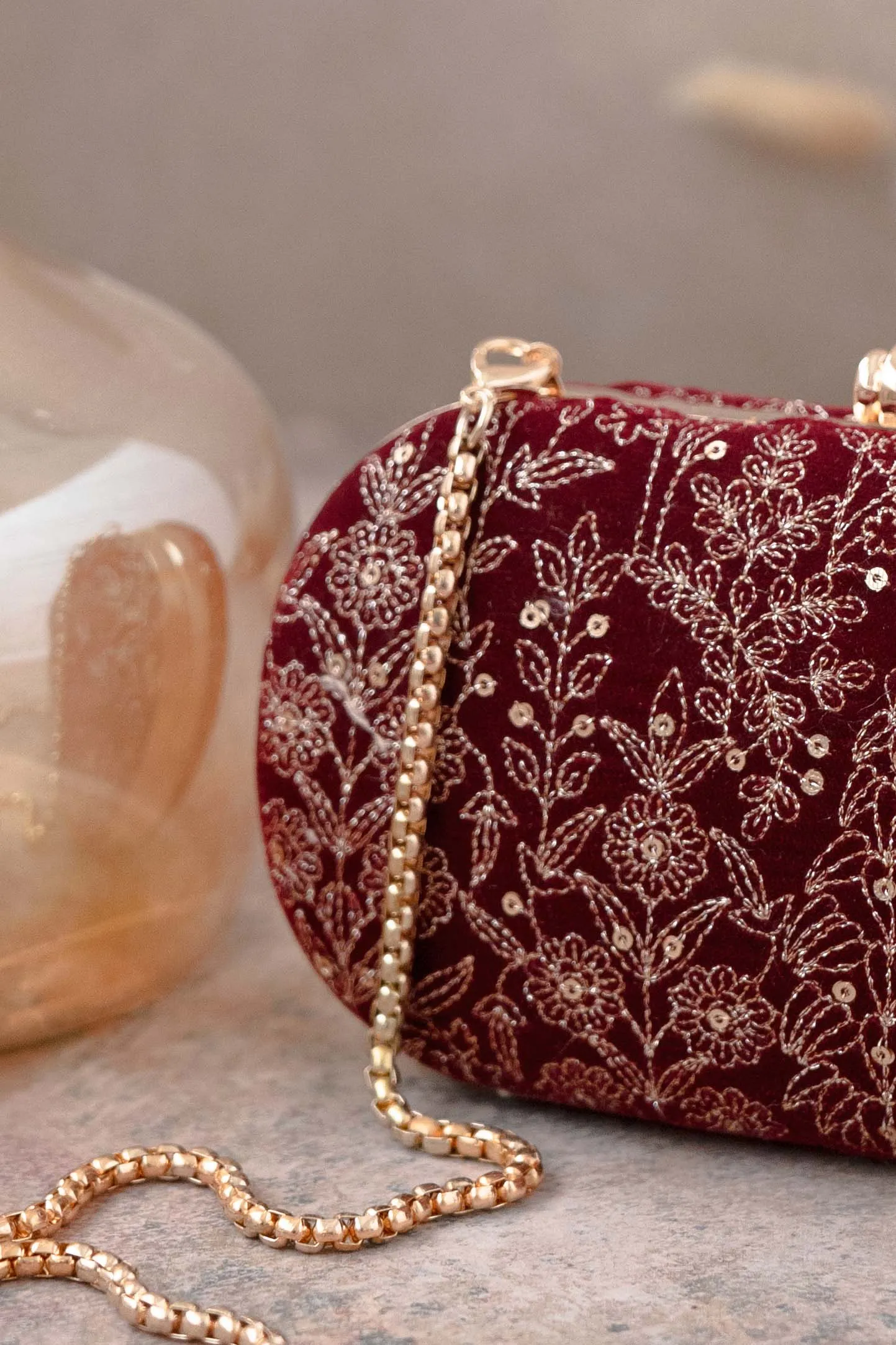 Thea Velvet Embroidered Clutch - Maroon