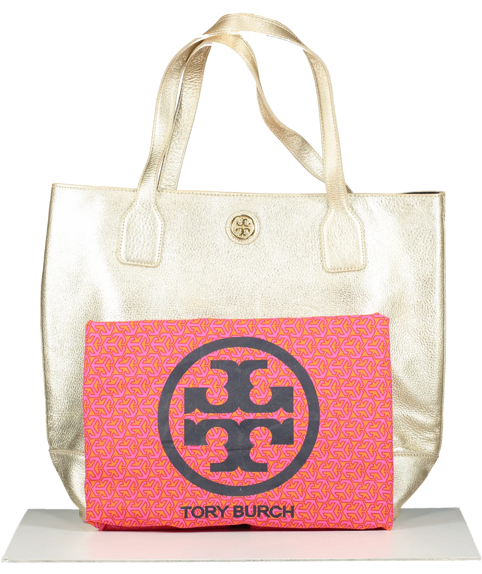 Tory Burch Large Metallic Gold Logo Tote Bag One