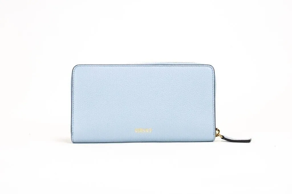 Versace Grainy Leather Gold Monogram Zip Around Clutch Wallet 'Cornflower Blue'